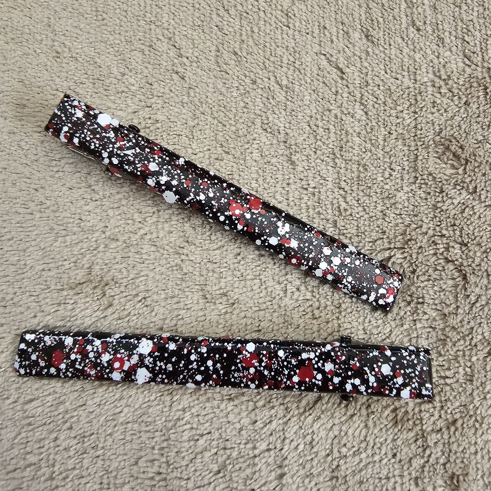 2 Hair Clips Black, Red & White Dots Splatter Confetti Barrettes Hand Painted